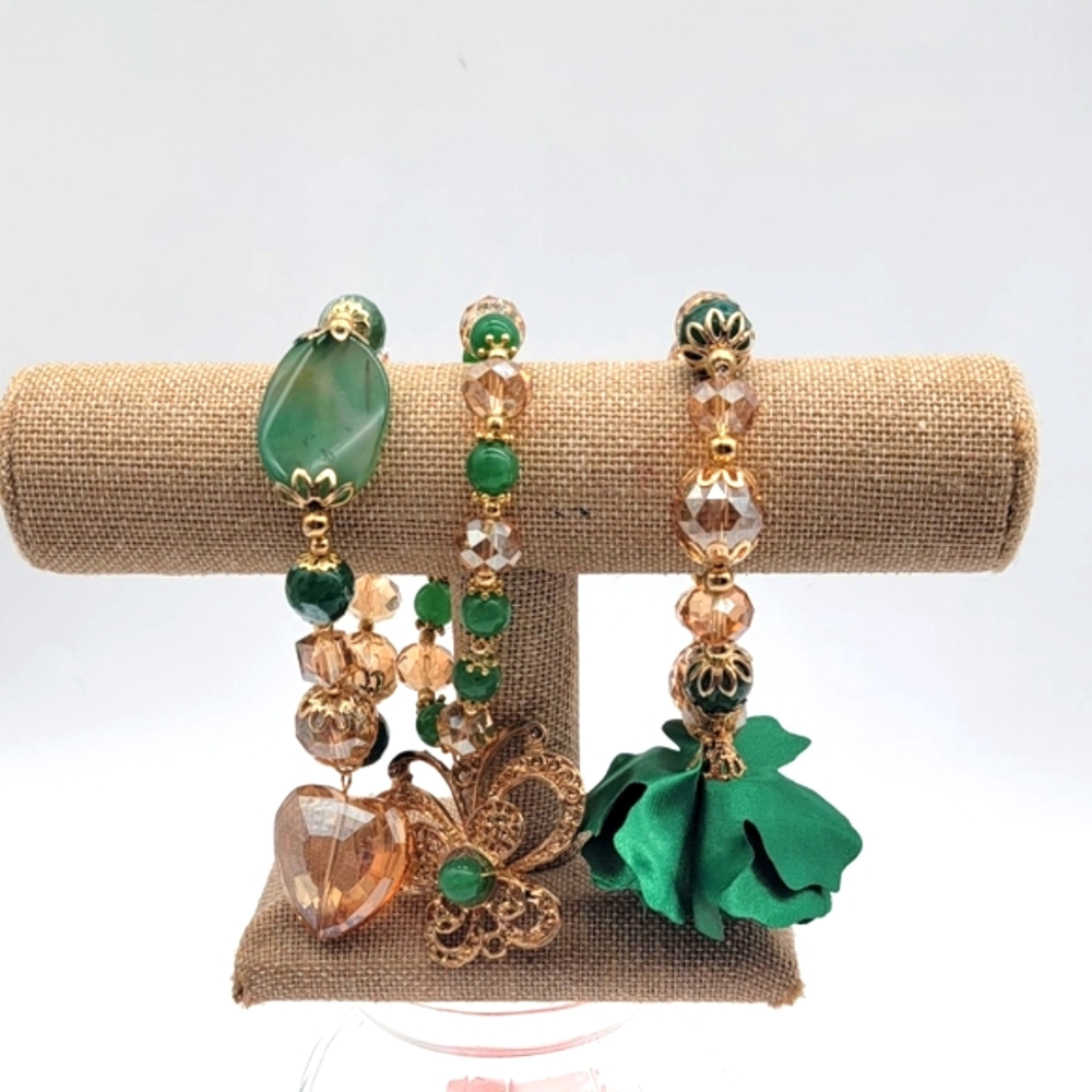 Hand Crafted Beaded Agate Natural Stone and Czech Cristals Trio of Bracelets.